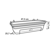 Afbeelding van een bloembak met de afmetingen 47,3 cm lang, 16,7 cm hoog en 25,7 cm diep.