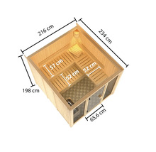 Technische tekening van een sauna met afmetingen.