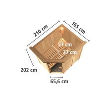 Binnenafmetingen van een houten sauna met de maataanduidingen: 210 cm, 165 cm, 202 cm, 65,6 cm, 57 cm en 27 cm.