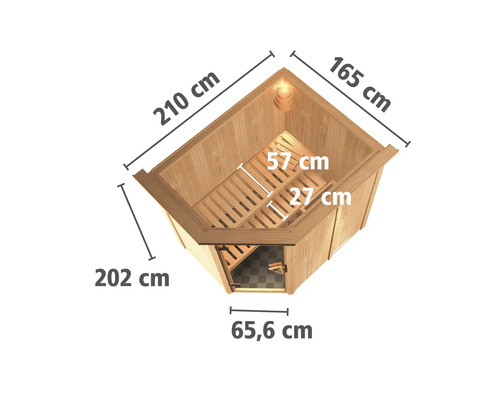Binnenafmetingen van een houten sauna met de maataanduidingen: 210 cm, 165 cm, 202 cm, 65,6 cm, 57 cm en 27 cm.