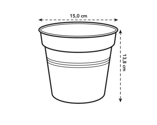 Afbeelding van een plantenbak met afmetingen van 15,0 cm diameter en 13,8 cm hoogte.
