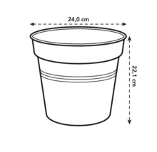 Illustratie van een plantenpot met afmetingen van 24,0 cm diameter en 22,1 cm hoogte.