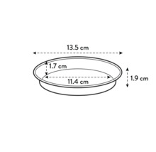 Technische tekening van een ronde plantenschaal met de afmetingen 13,5 cm breed, 1,7 cm hoog, 11,4 cm diameter en 1,9 cm hoog