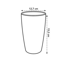 Schets van een plantenbak met de afmetingen 12,7 centimeter diameter en 15,2 centimeter hoogte