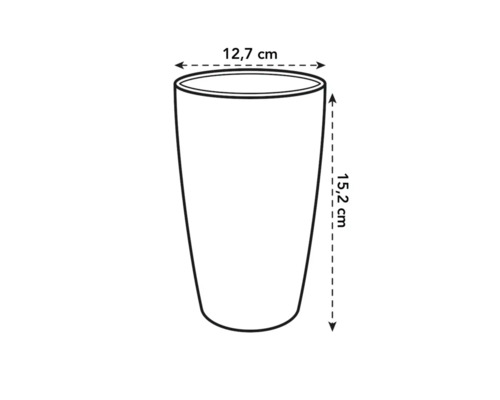 Schets van een plantenbak met de afmetingen 12,7 centimeter diameter en 15,2 centimeter hoogte