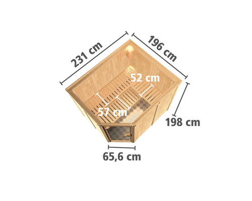 Bovenaanzicht van een houten hoeksauna met afmetingen