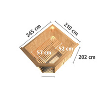 Bovenaanzicht van een hoeksauna met afmetingen: 245 cm, 210 cm en 202 cm.