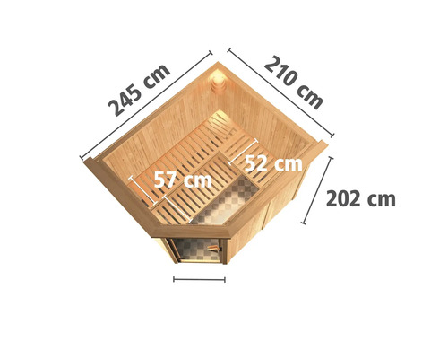 Bovenaanzicht van een hoeksauna met afmetingen: 245 cm, 210 cm en 202 cm.