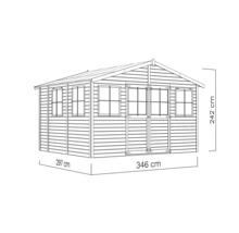 Afbeelding van een tuinhuis met afmetingen van 297 centimeter bij 346 centimeter en een hoogte van 242 centimeter
