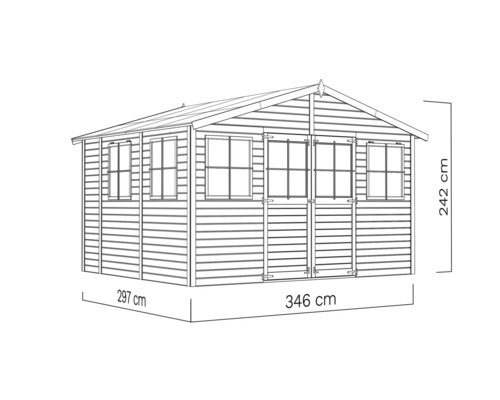 Afbeelding van een tuinhuis met afmetingen van 297 centimeter bij 346 centimeter en een hoogte van 242 centimeter