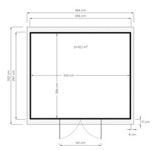 Plattegrondtekening van een tuinhuis met afmetingen in centimeters en oppervlakte in vierkante meters
