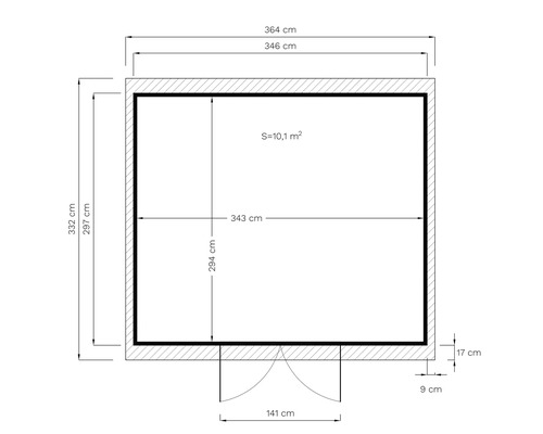 Plattegrondtekening van een tuinhuis met afmetingen in centimeters en oppervlakte in vierkante meters