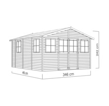 Illustratie van een tuinhuis met afmetingen