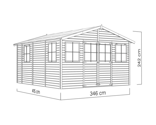 Illustratie van een tuinhuis met afmetingen