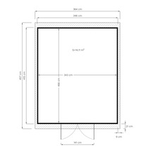 Plattegrondtekening met afmetingen voor een tuinhuis of soortgelijke constructie
