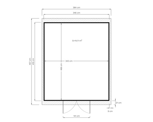 Plattegrondtekening met afmetingen voor een tuinhuis of soortgelijke constructie