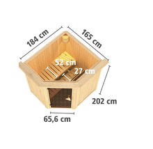 Hoeksauna met afmetingen 184 cm, 165 cm, 202 cm en 65,6 cm