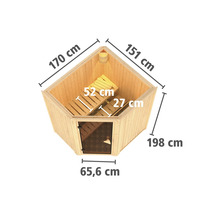 Houten sauna met afmetingen 170 cm, 151 cm, 198 cm en 65,6 cm