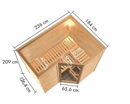 Illustratie van een hoeksauna met afmetingen van lengte, breedte en hoogte