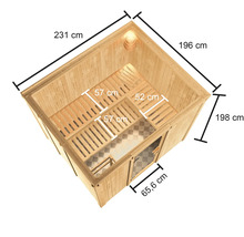 Bovenaanzicht van een houten sauna met afmetingen van de buitenmaten en zitbanken