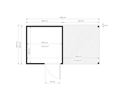 Plattegrondtekening van een tuinhuis met terras en maatvoering