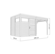 Illustratie van een tuinhuis met een diepte van 234 centimeter, een breedte van 449 centimeter en een hoogte van 232 centimeter.