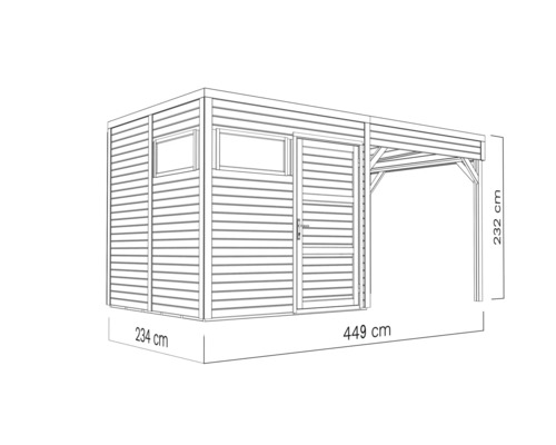 Illustratie van een tuinhuis met een diepte van 234 centimeter, een breedte van 449 centimeter en een hoogte van 232 centimeter.