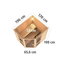 Hoeksauna met afmetingen 196 cm maal 170 cm maal 198 cm maal 65,6 cm, interieurbeeld met banken