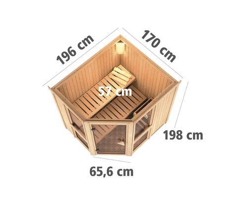 Hoeksauna met afmetingen 196 cm maal 170 cm maal 198 cm maal 65,6 cm, interieurbeeld met banken