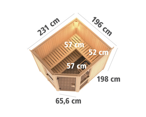 Hoeksauna met afmetingen