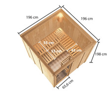 Binnenaanzicht van een houten sauna met maataanduidingen.