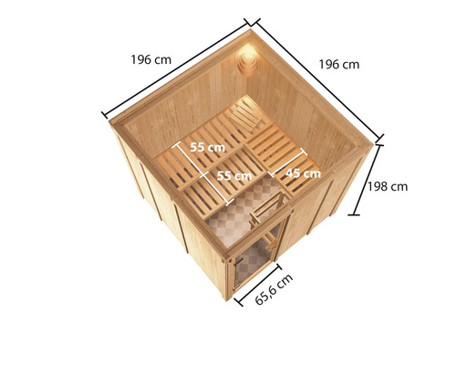 Binnenaanzicht van een houten sauna met maataanduidingen.