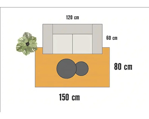Illustratie van een loungeset met de afmetingen 120 x 60 cm, tafel met twee elementen 150 x 80 cm en een plant.