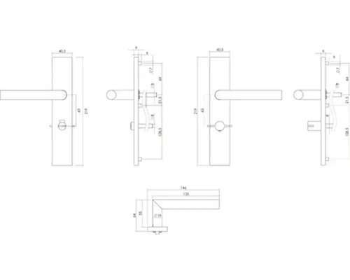 Technische tekening van een deurklink met afmetingen
