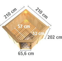 Bovenaanzicht van een sauna met de afmetingen 210 x 210 x 202 centimeter