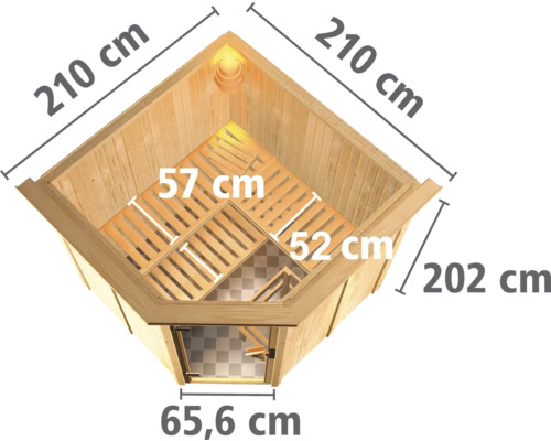 Bovenaanzicht van een sauna met de afmetingen 210 x 210 x 202 centimeter
