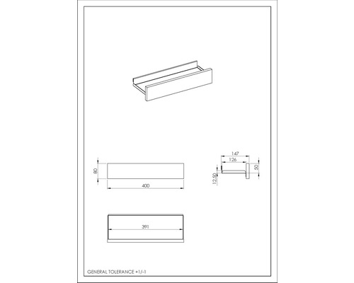 Technische tekening van een wandplank met afmetingen