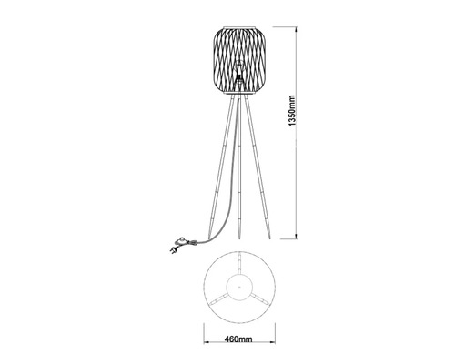 Technische tekening van een staande lamp met de afmetingen 1350 millimeter hoogte en 460 millimeter diameter van de voet.