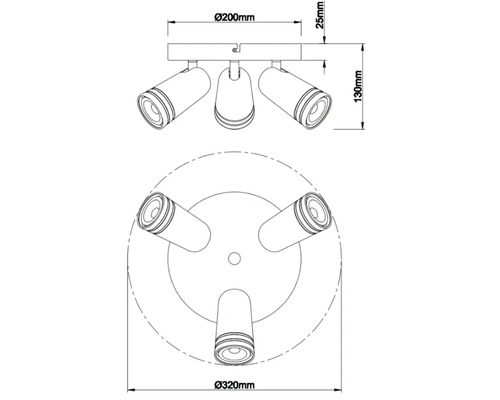 Technische tekening van een plafondlamp met drie spots en maataanduidingen