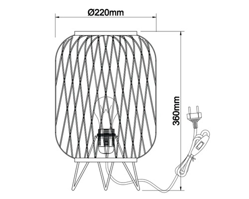 Technische tekening van een tafellamp met de afmetingen diameter 220 millimeter en hoogte 360 millimeter.