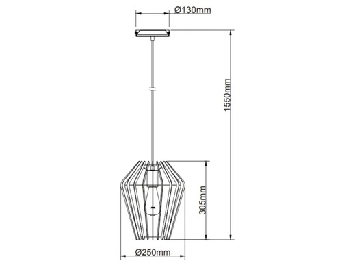 Technische tekening van een hanglamp met de afmetingen diameter 130 mm, diameter 250 mm, hoogte 305 mm en lengte 1550 mm.