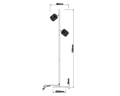 Technische tekening van een staande lamp met twee spotjes, afmetingen 360 mm breed en 1530 mm hoog.
