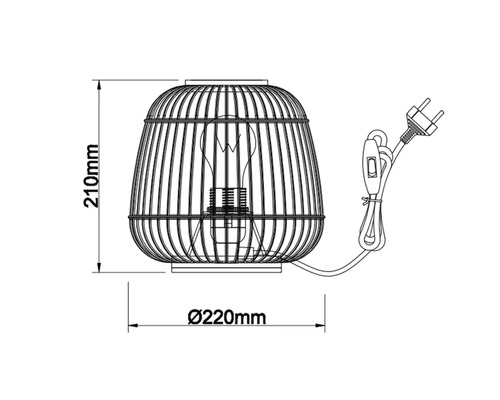 Technische tekening van een tafellamp met de afmetingen 210 mm hoog en 220 mm diameter.