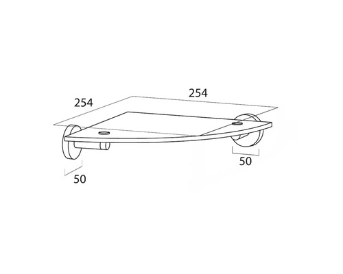 Technische tekening van een hoekplank met afmetingen van 254 x 254 x 50 mm.