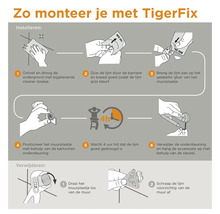 Illustratie van montage-instructies voor TigerFix bevestigingsmiddel, inclusief reinigen, lijm aanbrengen, positioneren en verwijderen.