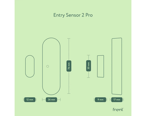 Afmetingen van de Entry Sensor 2 Pro van frient: 12 mm, 26 mm, 76 mm, 9 mm, 30 mm, 17 mm