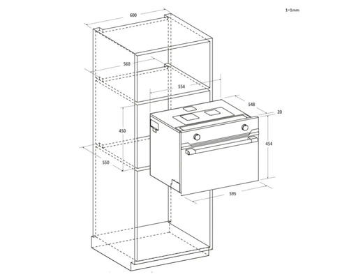 Technische tekening van een inbouwoven met maatvoering voor installatie in een keukenkast