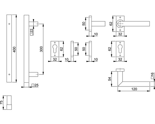 Technische tekening van een deurklink met afmetingen