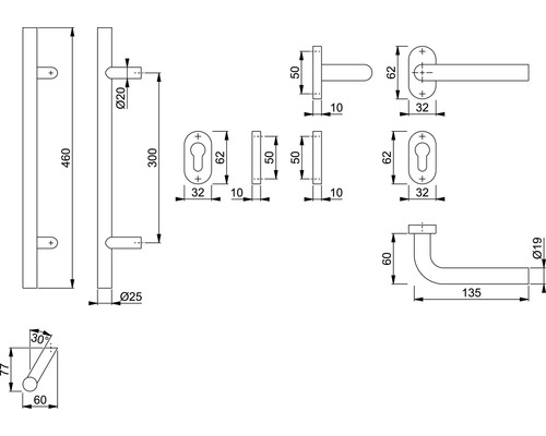 Technische tekening van een deurbeslag met maatvoering