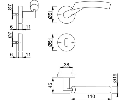 Technische tekening van een deurkruk met afmetingen